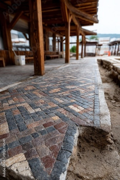 Obraz Ancient mosaic walkway with intricate stone patterns outdoors.
