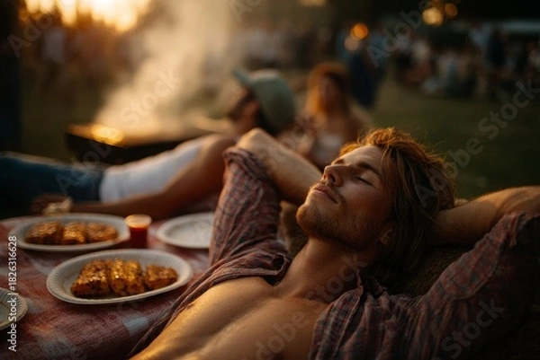 Obraz Man relaxing at a barbeque picnic during sunset.