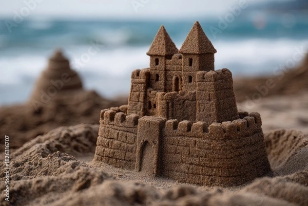 Obraz Sandcastle on the beach with ocean waves in the background