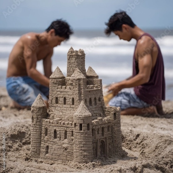 Obraz Two people building a detailed sandcastle on a sunny beach.