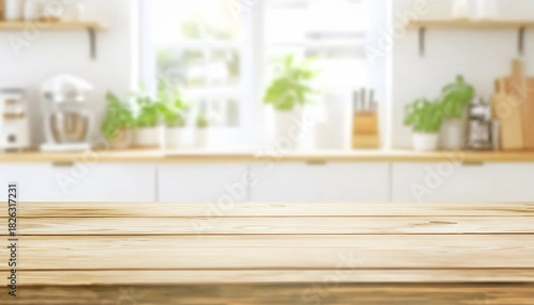 Fototapeta Empty Wooden Table in Modern Bright Kitchen for Product Display Mockup