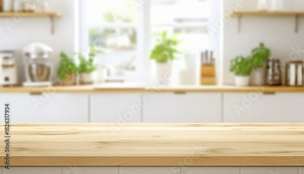 Fototapeta Minimalist Empty Wooden Counter Space Kitchen  with Bright Blurred Background Mockup
