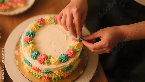 Fototapeta A person is carefully decorating a cake with colorful frosting flowers, adding a handmade and artistic touch to the dessert.