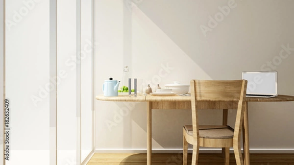 Fototapeta dining area and work space in home or apartment- Interior design for artwork of restaurant or room for rent- 3D Rendering