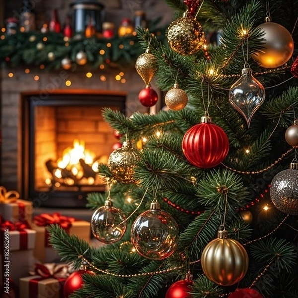 Fototapeta Experience the magic of Christmas with a festively decorated tree and cozy fireplace adding warmth to the holiday season