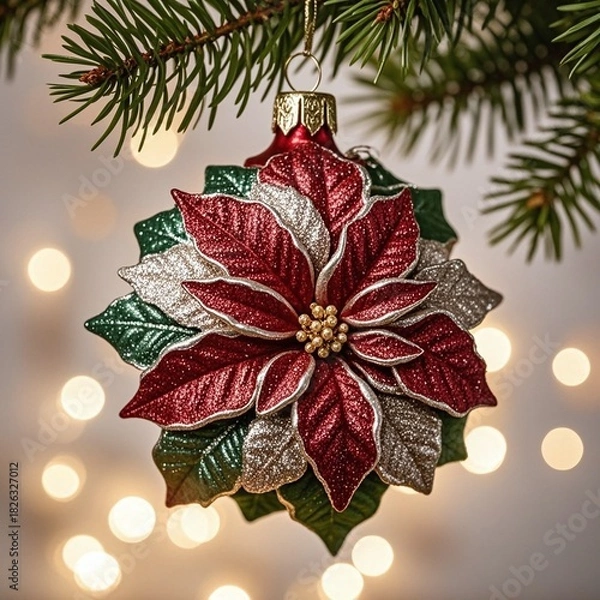Fototapeta Elegant floral Christmas ornament sparkles with festive cheer against a backdrop of twinkling lights, capturing the magic of the season