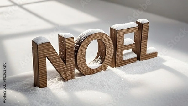 Fototapeta Elegant wooden Noel letters nestled in fresh snow, perfect for creating warm holiday greetings and festive winter scenes for your designs