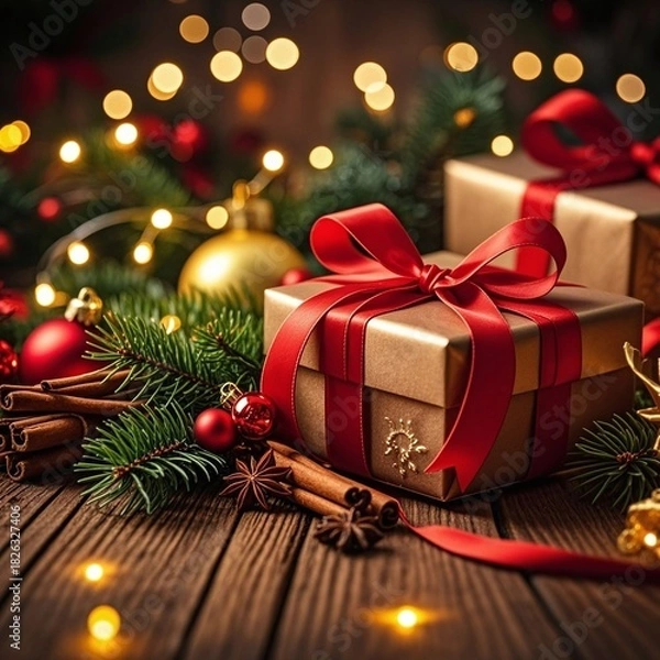 Fototapeta Elegant Christmas gifts wrapped with red ribbons and cinnamon sticks on rustic wooden surface with glowing lights for holiday cheer