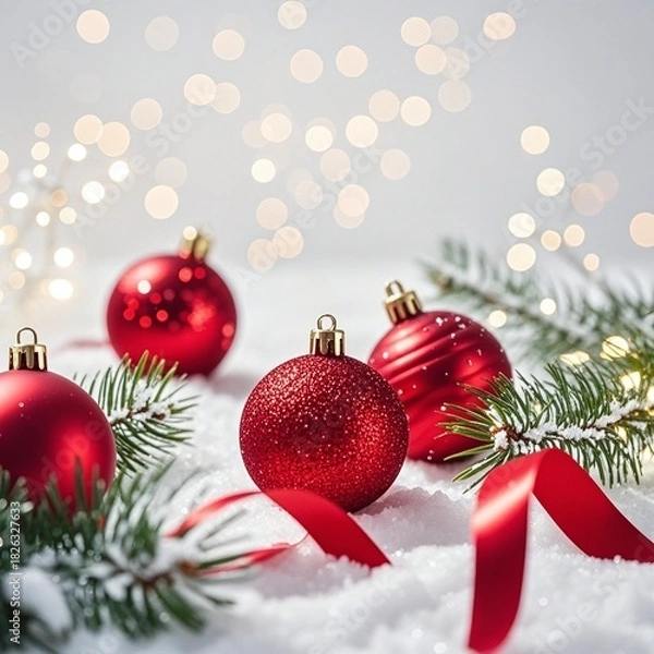 Fototapeta Elegant Christmas scene with vibrant red ornaments nestled in snow with bokeh lights, perfect for holiday cards and festive promotions