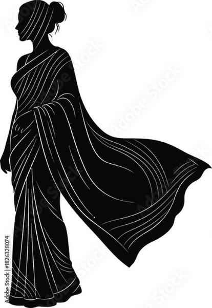 Fototapeta Graceful silhouette of a woman in a flowing indian sari, representing traditional fashion and cultural beauty, isolated on