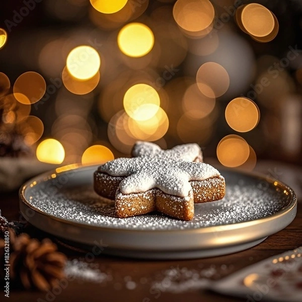 Fototapeta Delicious Christmas star cookie on plate with sparkling lights for holiday cheer and festive celebrations, creating a warm and inviting atmosphere