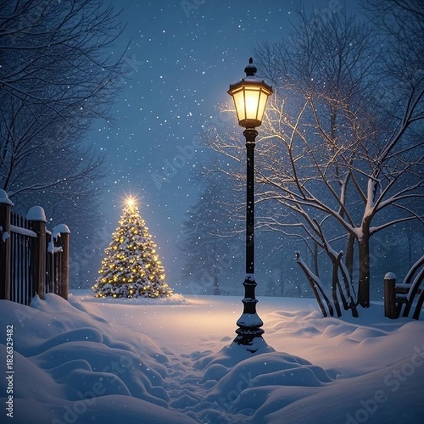 Fototapeta Enchanting winter wonderland scene with illuminated Christmas tree and vintage street lamp glowing softly under falling snow at dusk