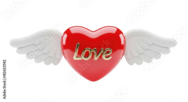 Fototapeta Red heart with golden love inscription and white wings