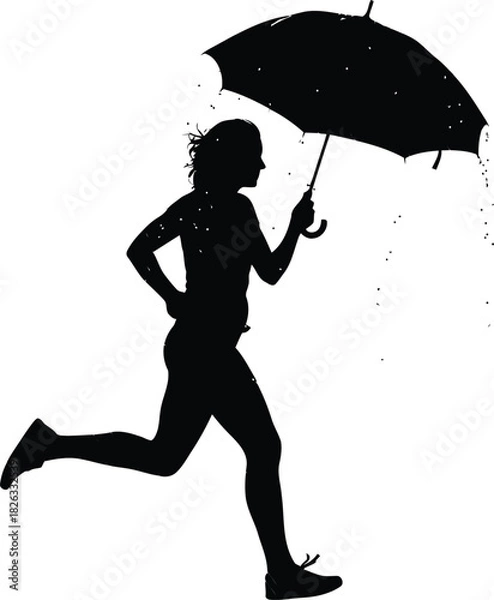 Fototapeta Silhouette of a person running with an open umbrella, captured in motion against a clean, isolated on