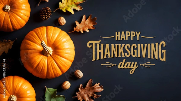 Obraz A thanksgiving themed image featuring pumpkins leaves and a happy thanksgiving day message on dark background