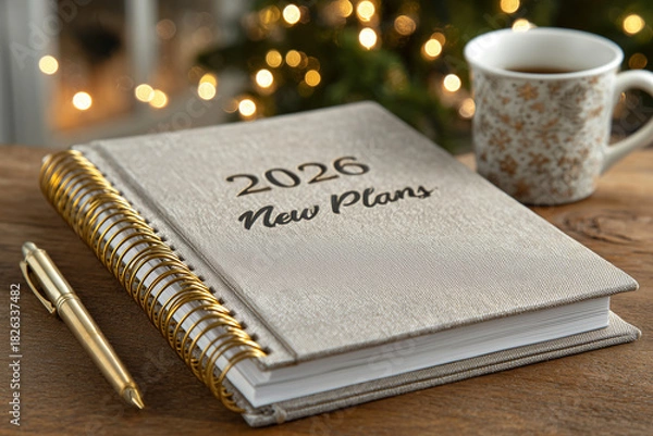 Fototapeta AI-generated 2026 New Year plans notebook with golden pen and coffee mug