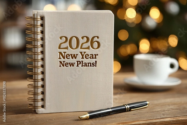 Fototapeta 2026 New Year New Plans spiral notebook with pen and festive lights