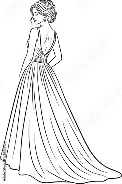 Fototapeta Elegant woman in a long, flowing gown with a lowcut back, gracefully looking over her shoulder, isolated on