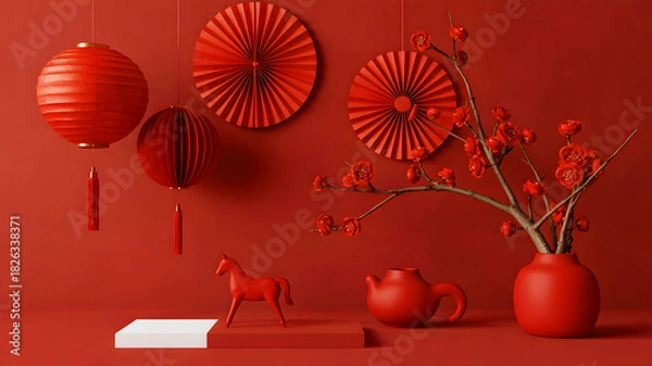 Obraz Red chinese new year display with lanterns paper fans horse teapot and plum blossoms on a red background