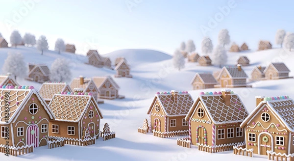Obraz Gingerbread village nestled in snowy hills creates a whimsical winter wonderland scene with frosted roofs and sugar decorations, evoking a festive and joyful mood.