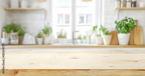 Fototapeta Light Wood Kitchen Table Surface Background for Product Display Mockup