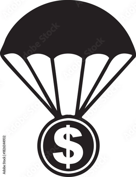 Fototapeta Parachute delivering dollar coin black and white vector illustration representing financial aid monetary relief air drop funding concept