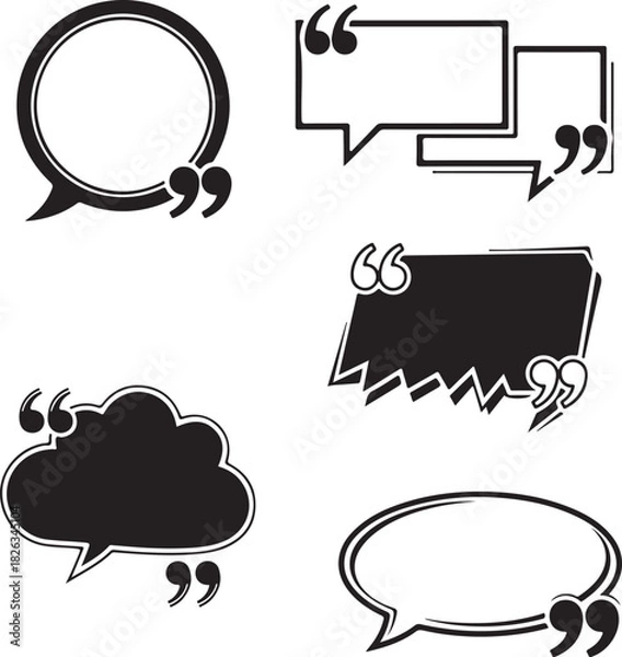 Fototapeta Set of five black outline and solid quote speech bubbles with quotation marks for text communication and dialogue design elements
