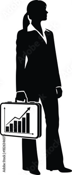 Fototapeta Silhouette of a confident businesswoman holding a briefcase with a rising bar graph, symbolizing success and financial growth