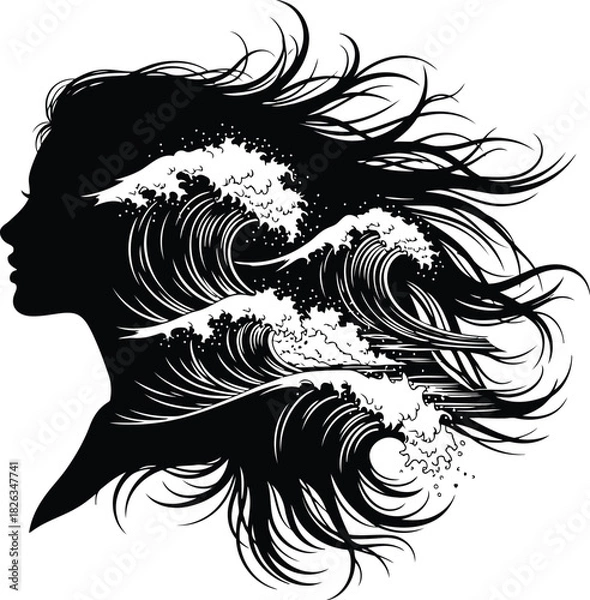 Fototapeta Womans silhouette with flowing hair and ocean waves, symbolizing natural beauty, strength, and freedom, isolated on