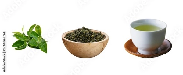 Obraz Loose Leaf Tea & Bowl - Premium Oolong Set - on White Background. Rustic wooden bowl with premium loose-leaf tea and fresh leaves - ideal for food packaging, labels, menus and tea brand visuals.