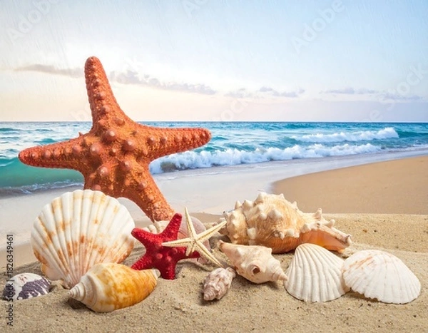 Obraz Seashells on a beach at sunrise