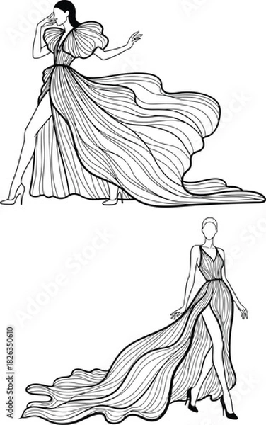 Fototapeta Fashion illustration of two elegant women in flowing evening gowns, showcasing sophisticated style, isolated on