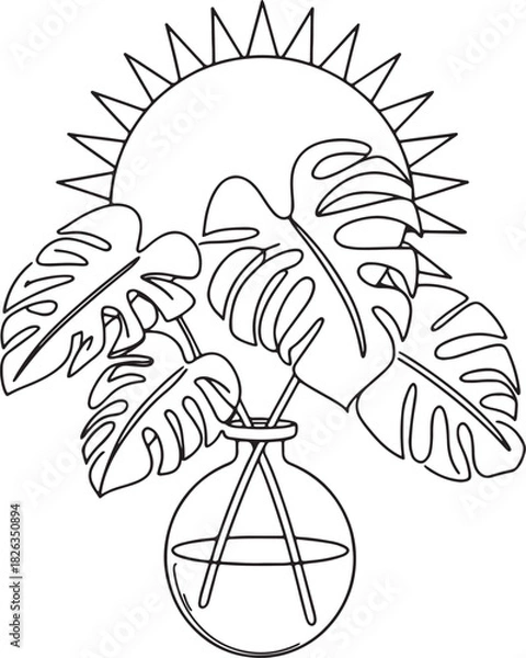 Fototapeta A minimalist line art illustration of Monstera leaves in a vase with the sun.