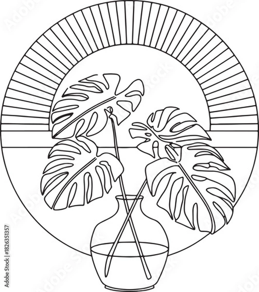 Fototapeta A minimalist line art illustration of Monstera leaves in a vase with the sun.