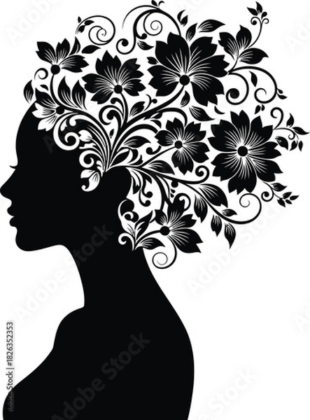 Fototapeta Black silhouette of a womans profile with hair composed of intricate floral and swirling patterns, isolated on