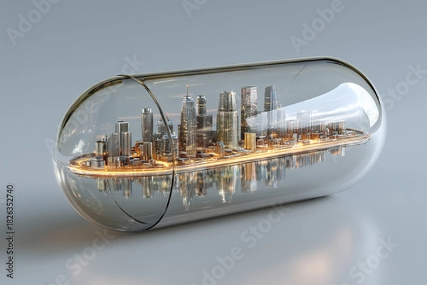 Fototapeta Urban microcosm capsule with illuminated skyscraper panorama