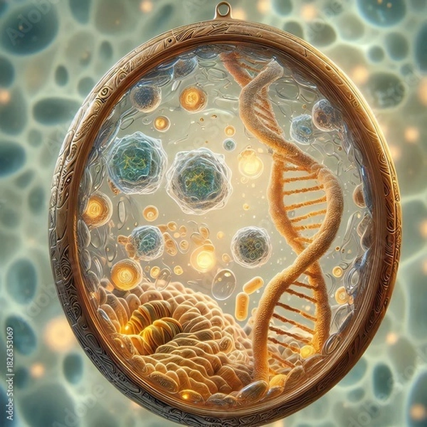 Obraz Microscopic Universe: Exploring a Living Cell Through a Futuristic Glassmorphism Keyhole