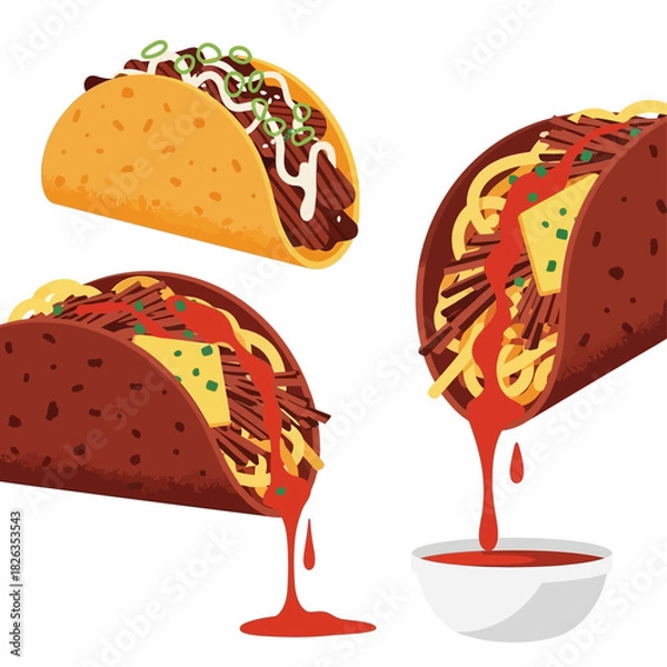 Fototapeta Deliciously Crafted Tacos Overflowing with Savory Ingredients and Dynamic Sauce Drips