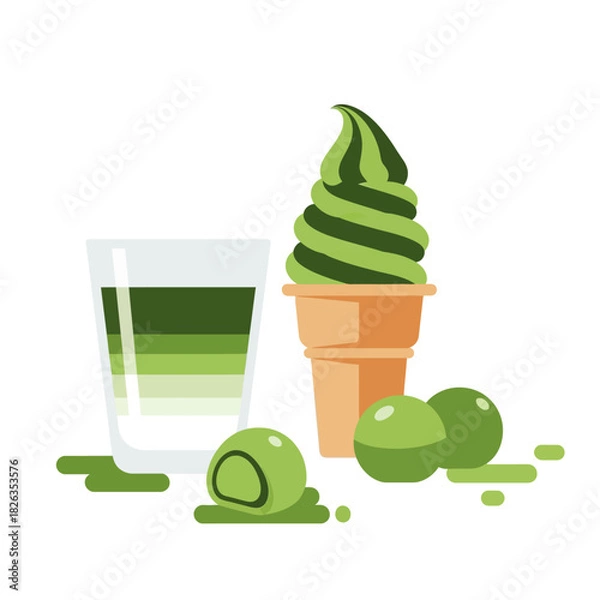 Fototapeta Assortment of vibrant green matcha-flavored treats including refreshing drinks and creamy desserts