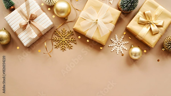 Obraz Festive arrangement of wrapped gifts with ornaments on a beige background top view flat lay