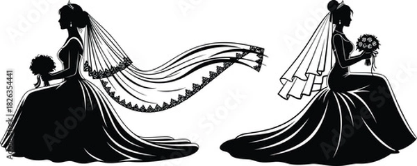 Fototapeta Elegant silhouettes of two brides in flowing wedding dresses with veils and bouquets, depicted in a classic and timeless illustration style