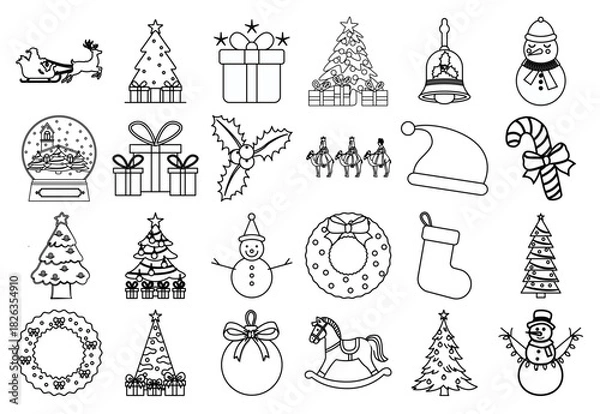 Obraz Hoja de iconos de línea de navidad y año nuevo monocromáticos