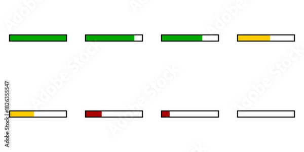 Fototapeta 8 Frame Sprite Sheet of a Draining Health Bar Icon Set with Green, Yellow and Red Steps and Outline for Game UI Animation. Vector Image.