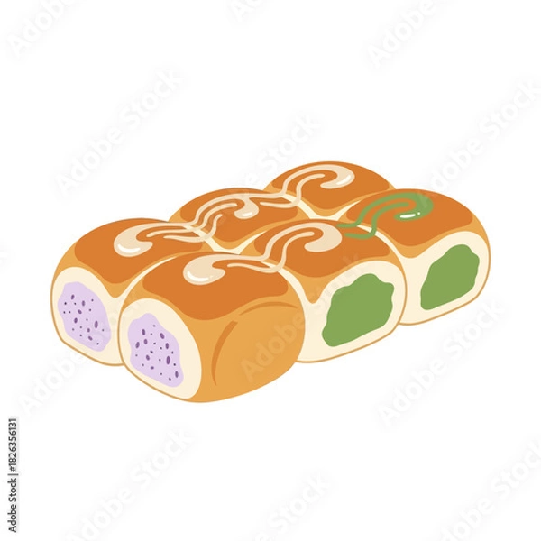 Fototapeta Delightful illustration of sweet buns with colorful fillings and elegant white icing swirls