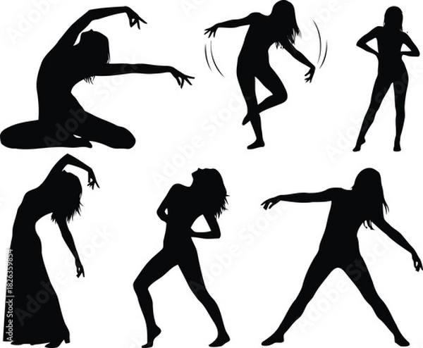 Fototapeta Dynamic silhouettes of female dancers in various graceful and expressive poses, isolated on