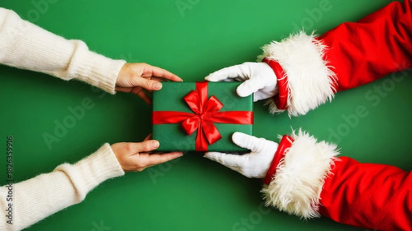 Obraz Santa claus giving a christmas present to a person on a green background top down eye level view