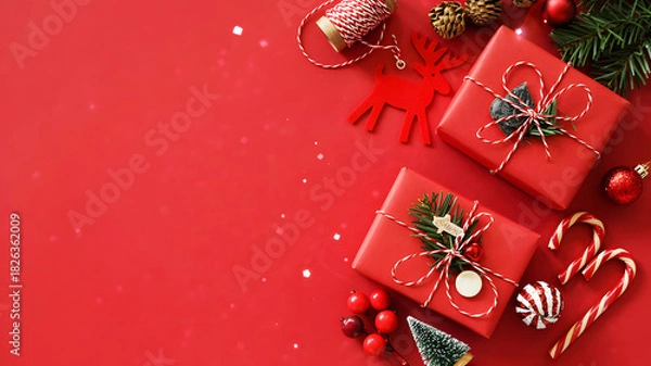 Obraz Festive christmas flat lay with red gifts, ornaments, and candy canes on a vibrant red background