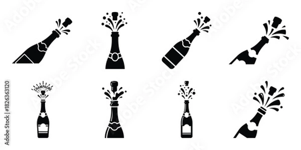 Obraz Illustration of the new year champagne bottle pop silhouette vector icon set. happy New Year 2026 vector icons