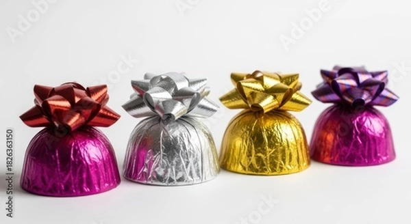 Fototapeta Four colorful foilwrapped chocolates with bows isolated on white background
