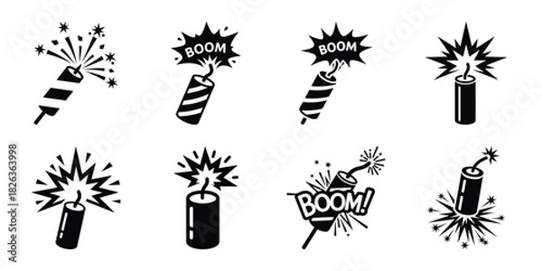 Obraz Illustration of the new year firecracker boom silhouette vector icon set. happy New Year 2026 vector icons